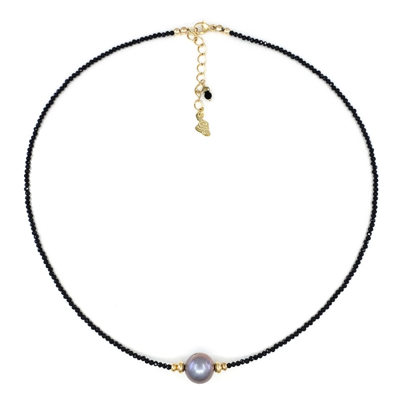 Black Spinel Necklace with 11mm White Freshwater Pearl