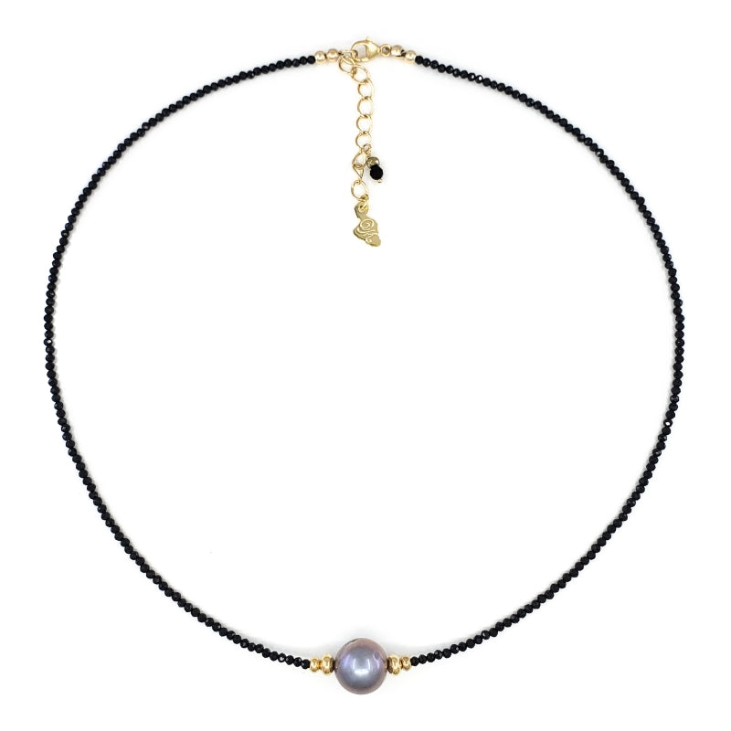 Black Spinel Necklace with 10mm Pink Freshwater Pearl