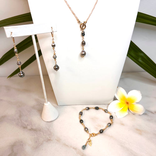 Tahitian & Keshi Pearls on Gold Filled Bracelet, Earrings, & Necklace with Gemstones