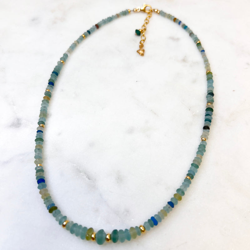 Roman Glass & 14k Gold Filled Bead Necklaces with Tahitian or White Edison Pearl