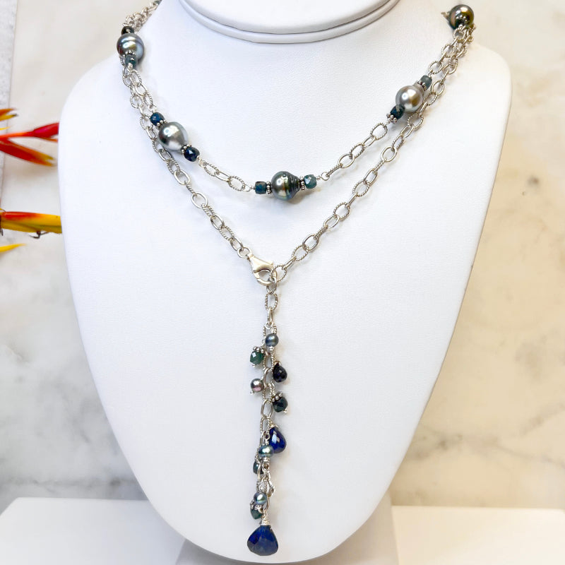 Tahitian Pearls & Blue Sapphires on Sterling Silver Chain Neclace