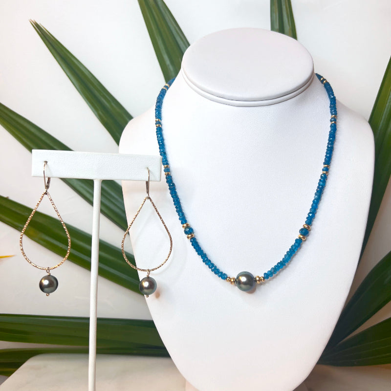 Tahitian Pearls, Neon Apatite & 14k Gold Filled Necklace & Earrings