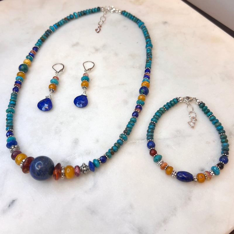 Turquoise, Lapis, Spiny Oyster, Amber, & Sterling Silver on Necklace, Bracelet, & Earrings