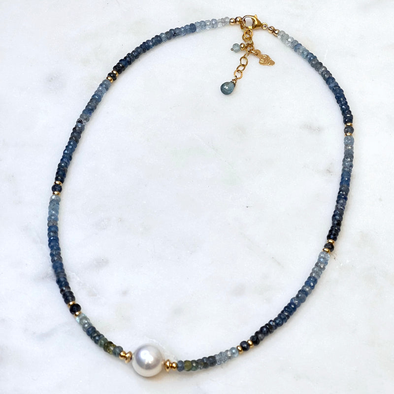 White Edison Pearl, Moss Aquamarine & 14k Gold Fliled Necklace