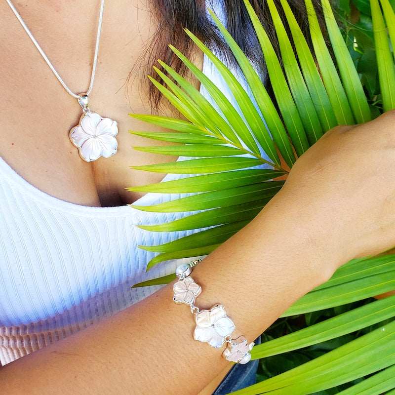 FLOWERS COLLECTION - Handmade Sterling Silver Flower Jewelry inspired by Plumeria and Hibiscus in Maui featuring natural Shells and Pearls