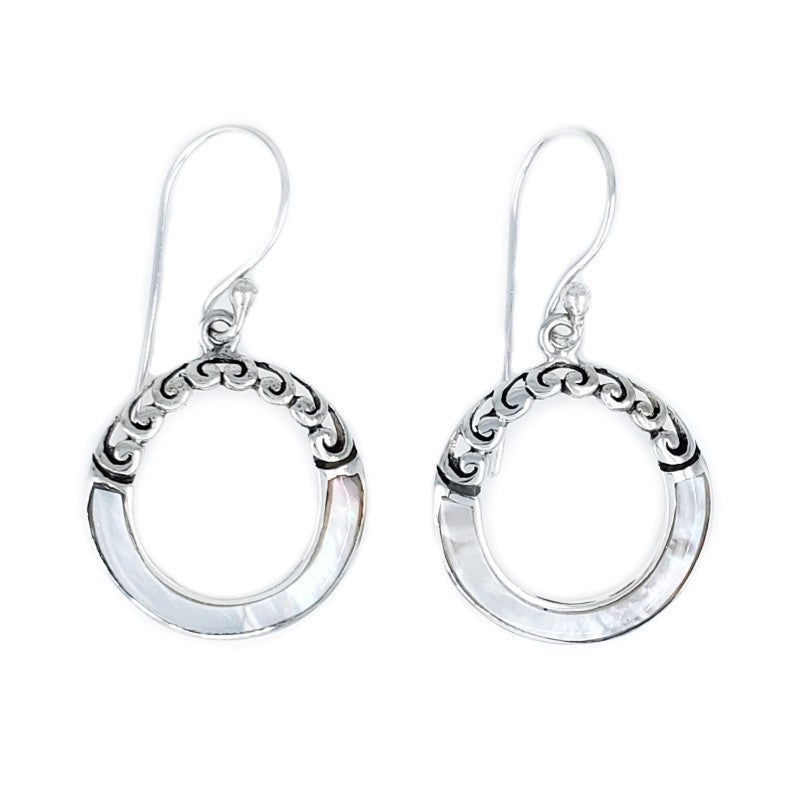 Small Round Mother of Pearl Hoop Earrings with Sterling Silver Filigree