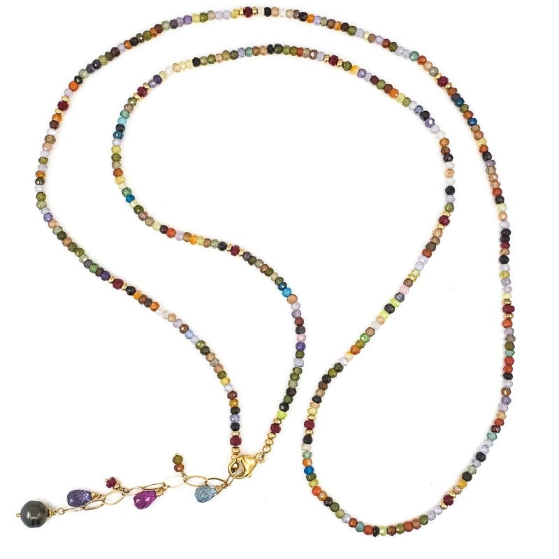 Long Multi Gemstone Necklace with Tahitian Pearl