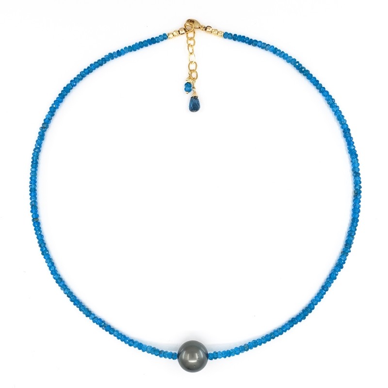 Apatite Necklace with 12mm Peacock Tahitian Pearl
