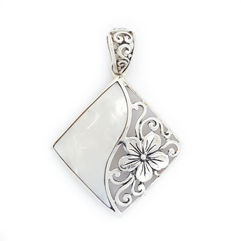 Ornate Sterling Silver Plumeria Flower & Mother Of Pearl Pendant
