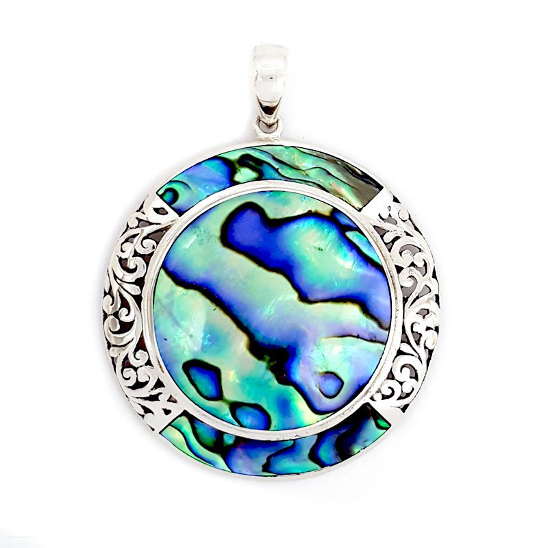 Fancy Large Round Abalone Shell Pendant with Sterling SIlver Filigree