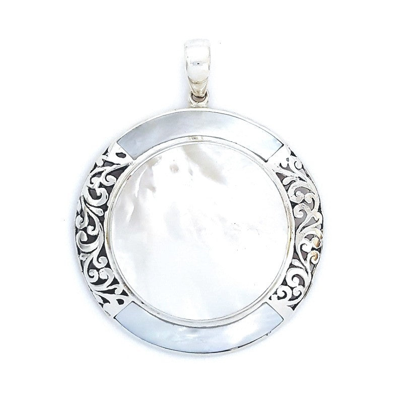 Fancy Large Round Mother Of Pearl Pendant with Sterling Silver Filigree
