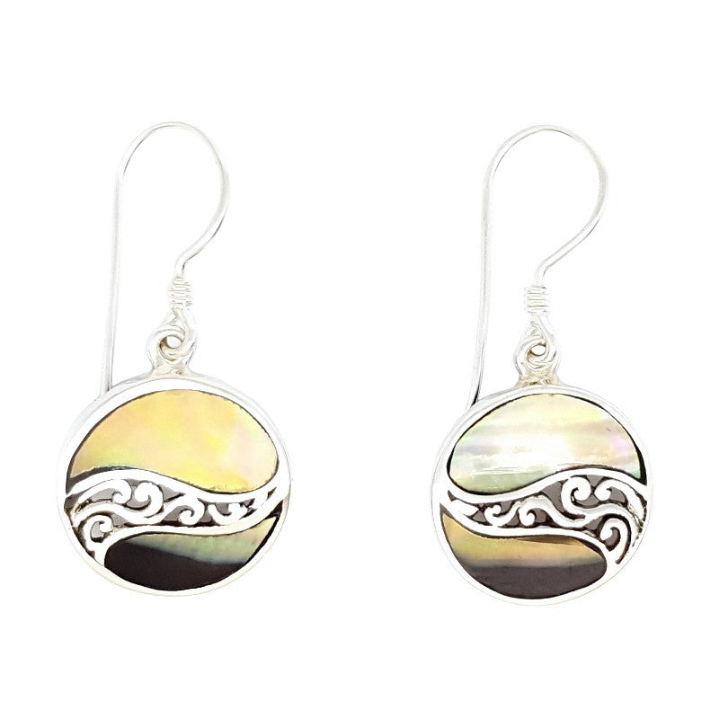 Small Round Sunset Shell Earrings with Filigreed Sterling Silver Waves