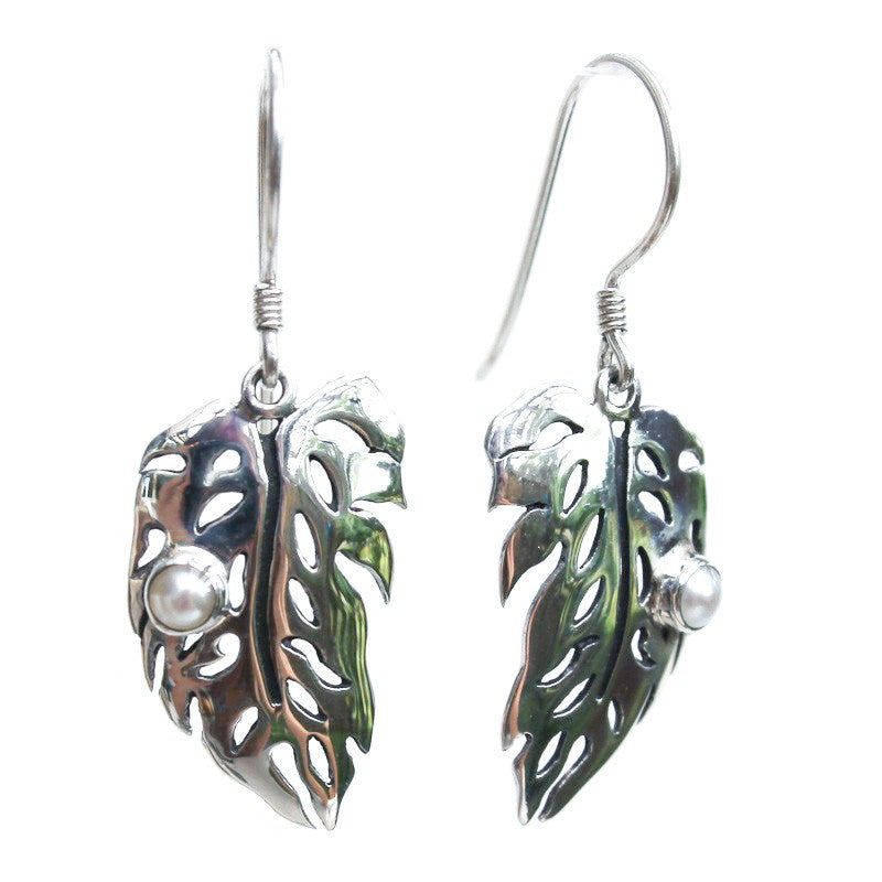 Monstera Leaf Earrings with Freshwater Pearl