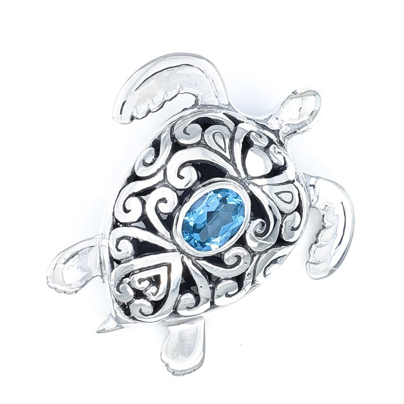 Large Ornate Sterling Silver Turtle Pendant with Blue Topaz