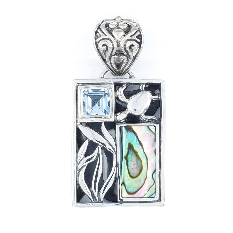 Fancy Rectangular Turtle Pendant with Abalone Shell, Blue Topaz, & Sterling Silver