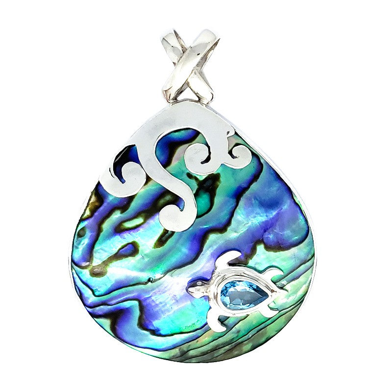 Large Abalone Shell & Sterling Silver Droplet Pendant with Turtle & Blue Topaz