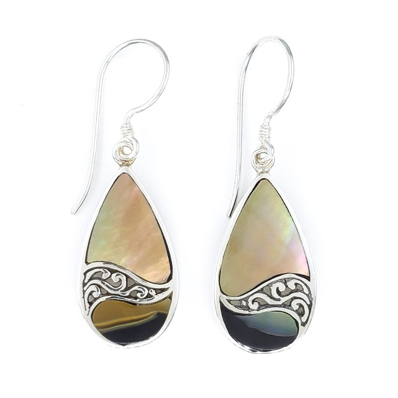 Small Droplet Sunset Shell Earrings with Filigreed Sterling Silver Waves