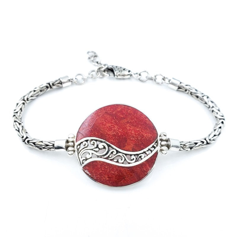 Round Red Coral Bracelet with Filigreed Sterling Silver Waves