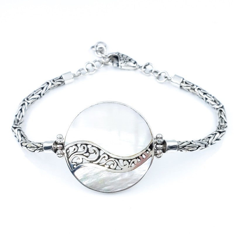 Round White Mother of Pearl Bracelet with Filigreed Sterling Silver Waves