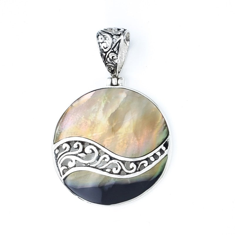 Round Sunset Shell Pendant with Filigreed Sterling Silver Waves
