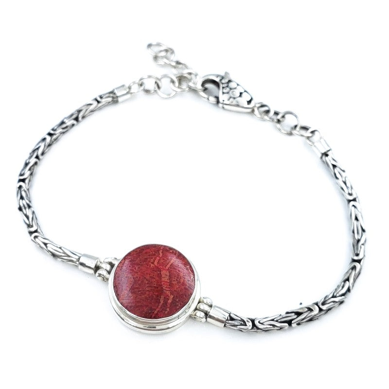 Round Red Coral & Sterling Silver Bracelet with Handmade Byzantine Cha