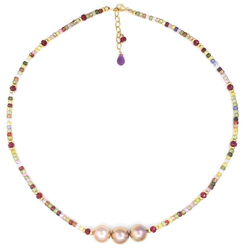 Multi Gemstones Necklace with 3 Pink Edison Pearls