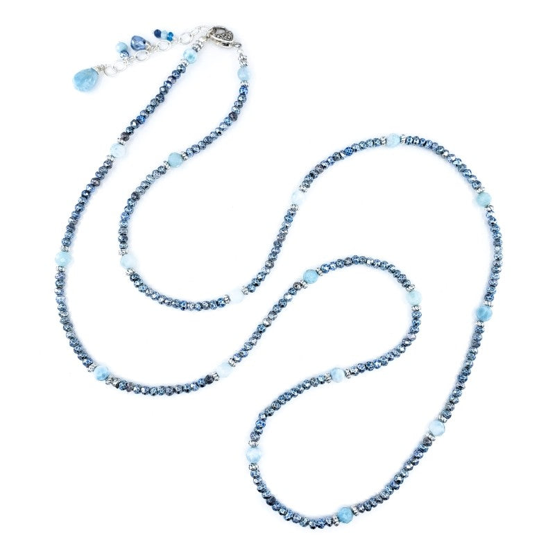 Long Blue Hematite Necklace with Larimar & Sterling Silver