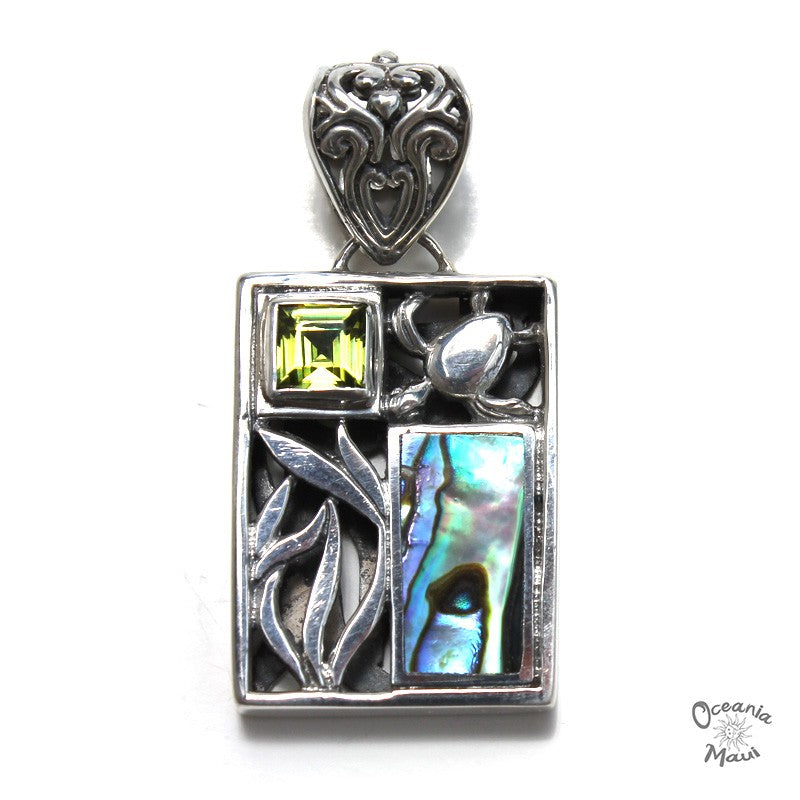 Fancy Rectangular Turtle Pendant with Abalone Shell, Peridot & Sterling Silver