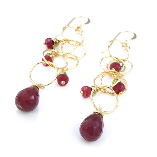 Long Dangly Gold Earrings with Rubies