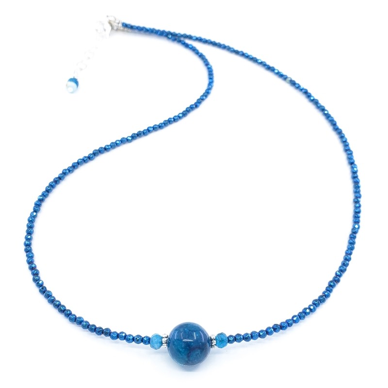 Blue Hematite & Sterling Silver Necklace with 10mm Apatite Bead