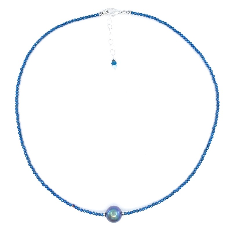 Blue Hematite & Sterling Silver Necklace with 10mm Dark Freshwater Pearl