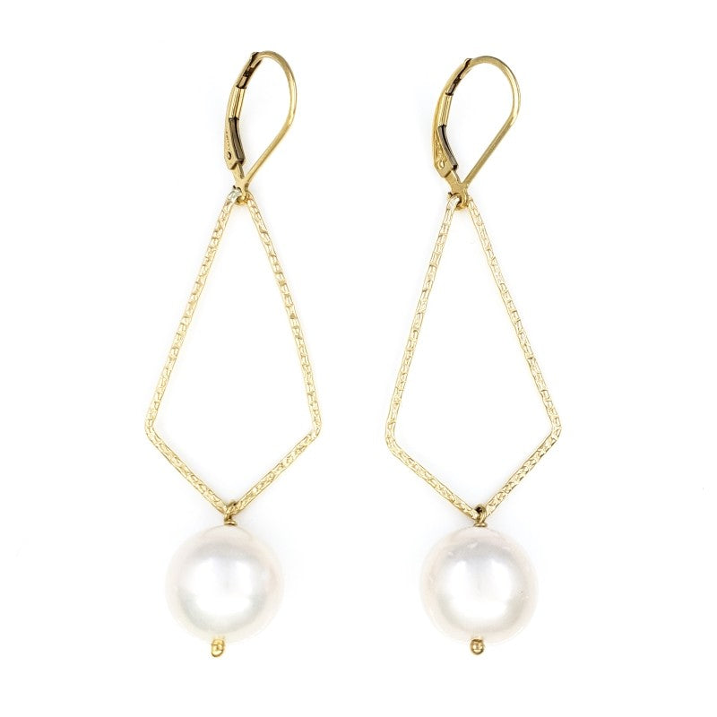 Long Dangly Gold Earrings with 12mm White Edison Pearls