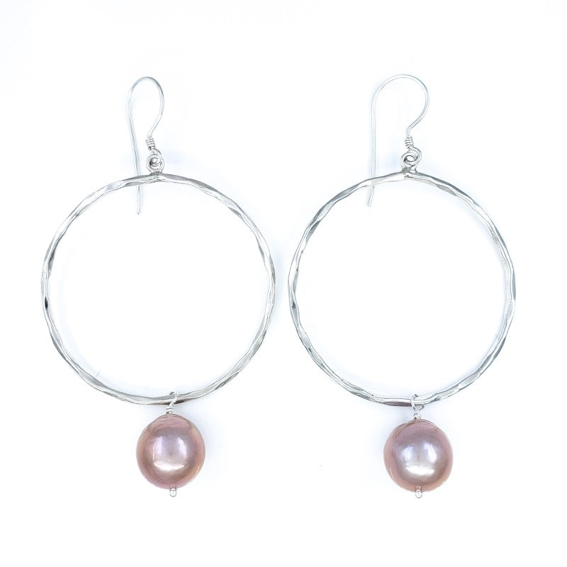Hammered Sterling Silver Hoop Earrings with Pink Edison Pearls