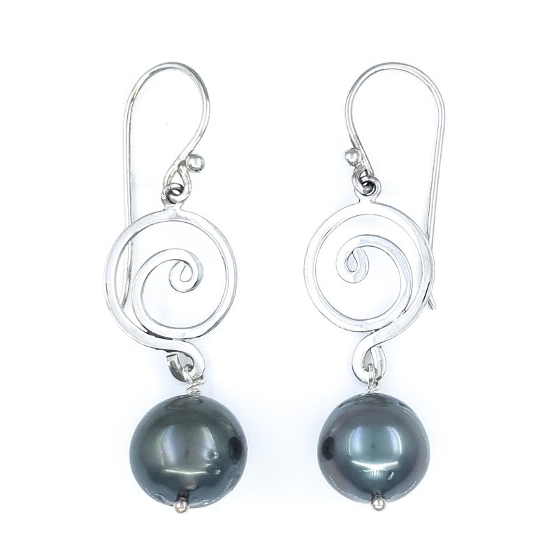 Sterling Silver Wave Earrings with Tahitian Pearls