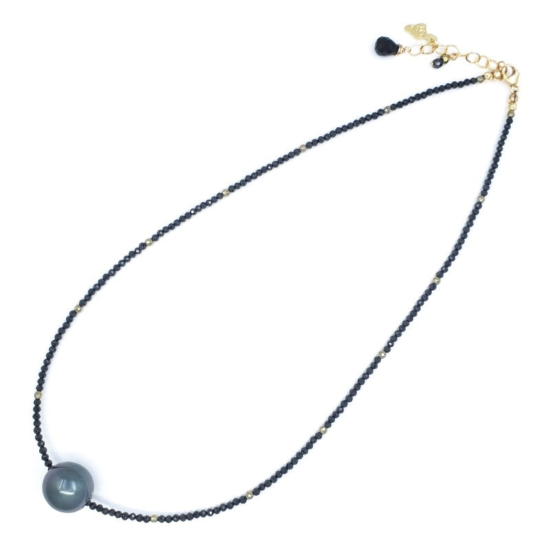 Black Spinel Necklace with 12mm Tahitian Pearl