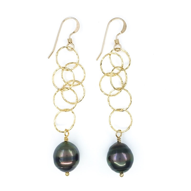 Long Dangly Gold Earrings with Tahitian Pearls