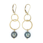 Long Dangly Gold Earrings with Peacock Tahitian Pearls