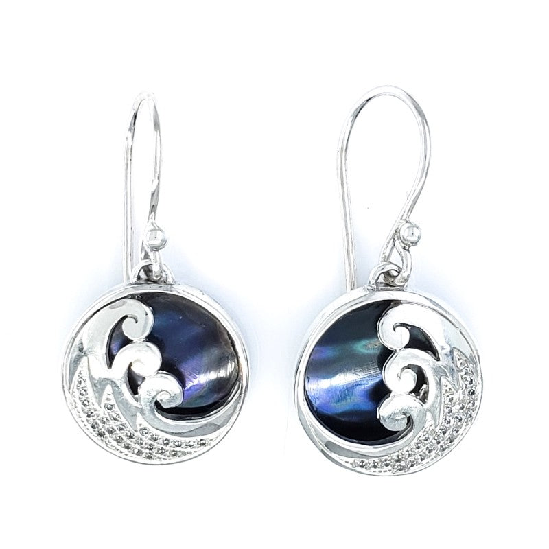 Delicate Sterling Silver Wave Earrings with Black Mother of Pearl & Cubic Zirconia