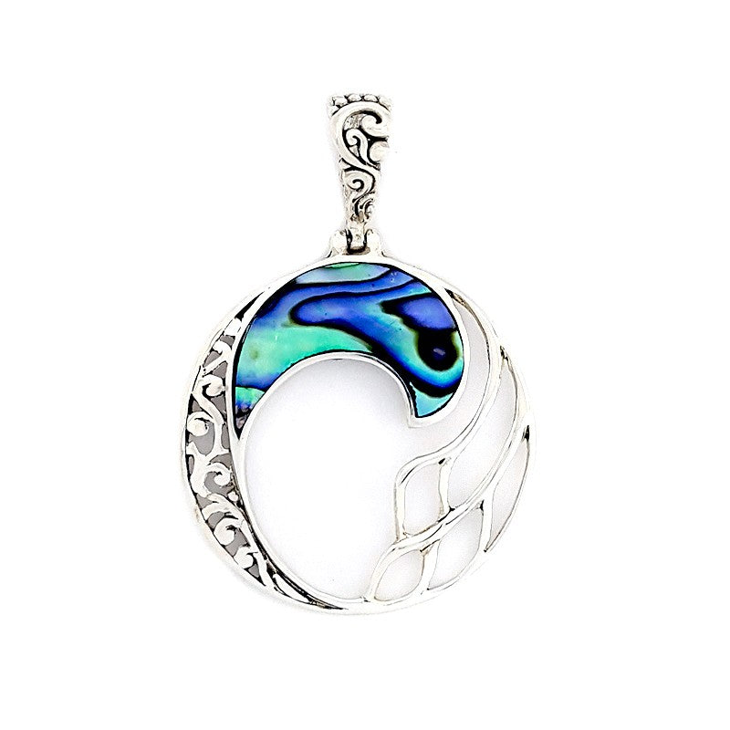 Round Abalone Shell Pendant with Filigreed Sterling Silver Waves