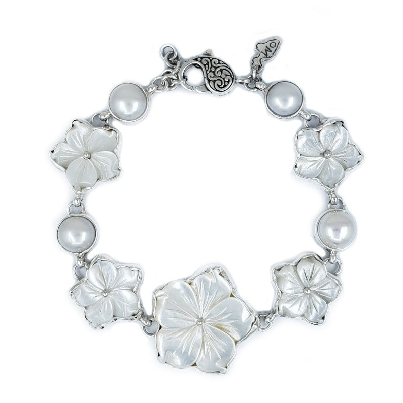 White Mother of Pearl & Sterling Silver Hibiscus Bracelet with Freshwater Pearls