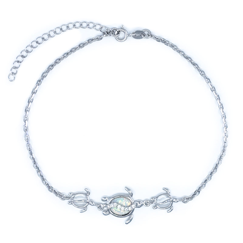 White Opal & Sterling Silver Anklet with 3 Turtles and Cubic Zirconia