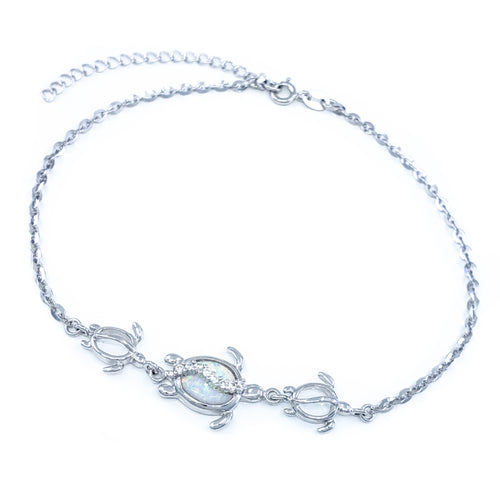 White Opal & Sterling Silver Anklet with 3 Turtles and Cubic Zirconia