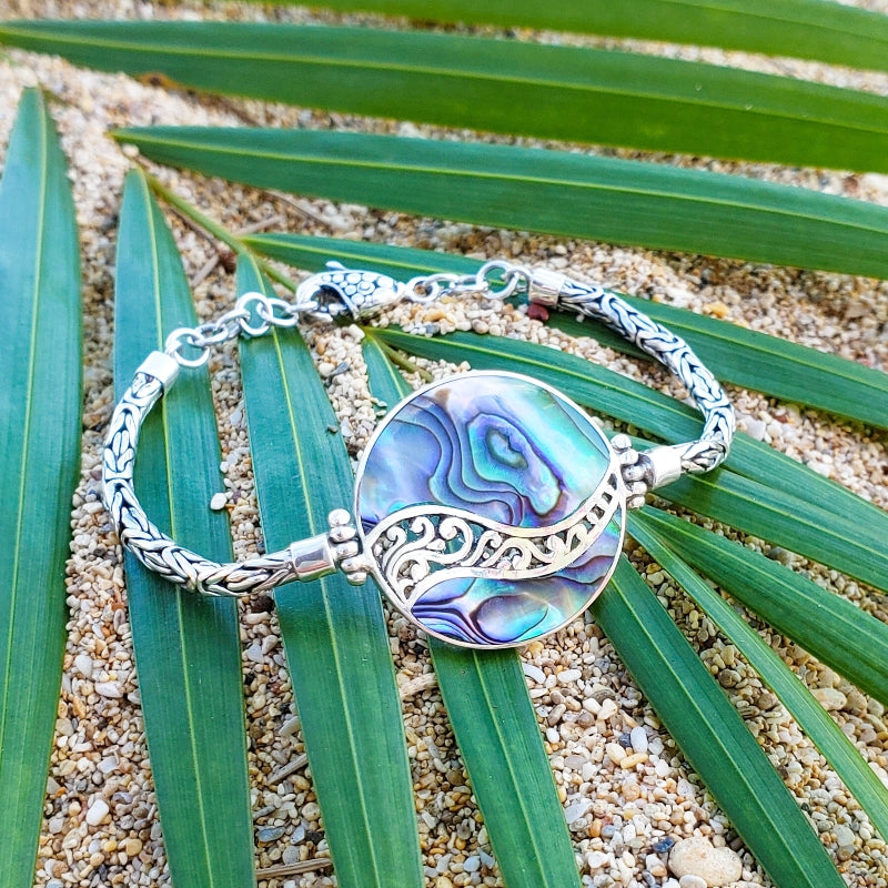 Round Abalone Shell Bracelet with Filigreed Sterling Silver Waves