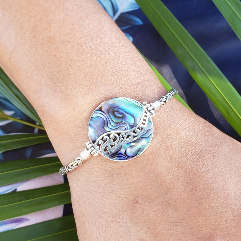 Round Abalone Shell Bracelet with Filigreed Sterling Silver Waves