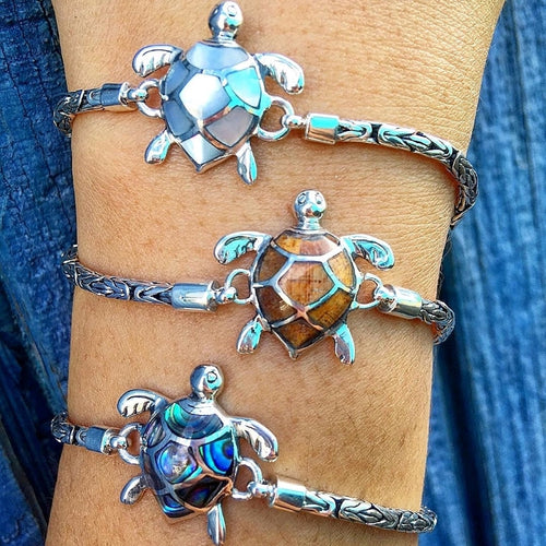 Small Sterling Silver Turtle Bracelet with Mother Of Pearl