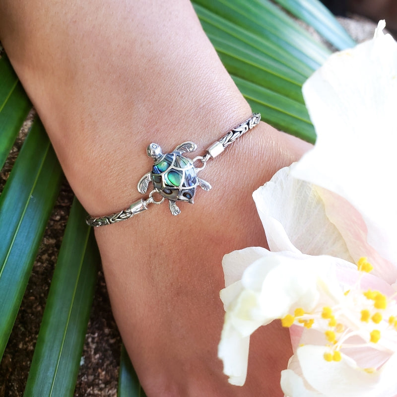 Small Sterling Silver Turtle Bracelet with Abalone Shell