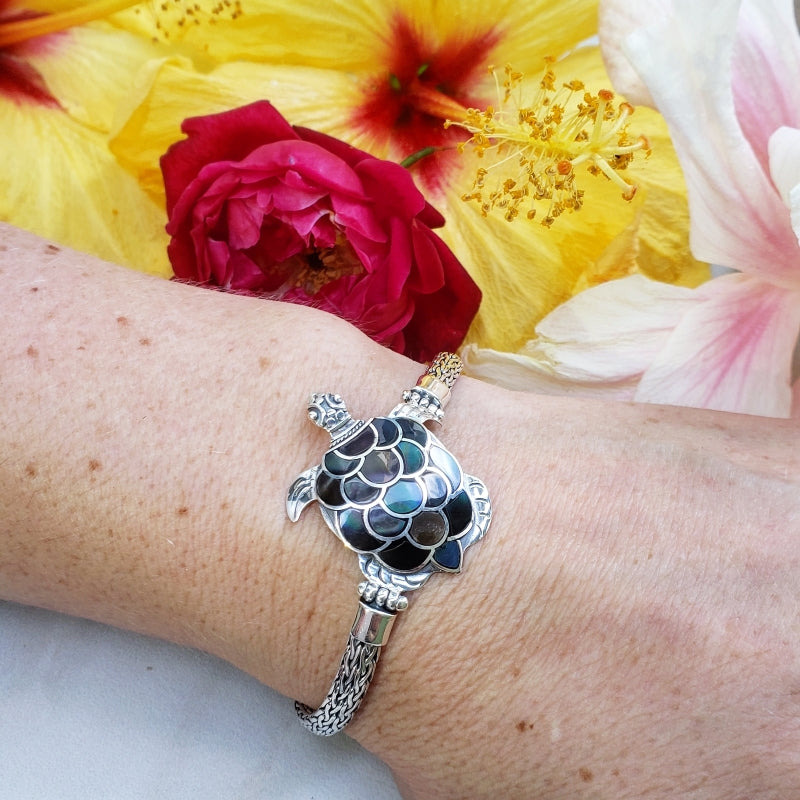 Sterling Silver Turtle Bracelet with Black Mother of Pearl