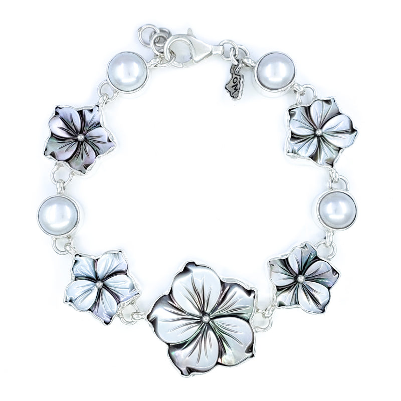 Mother Of Pearl Flower Sterling Silver Chain Bracelet