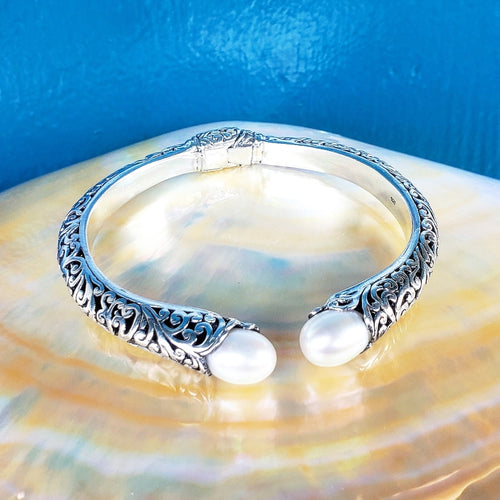Sterling Silver Hinged Cuff Bracelet with White Freshwater Pearls