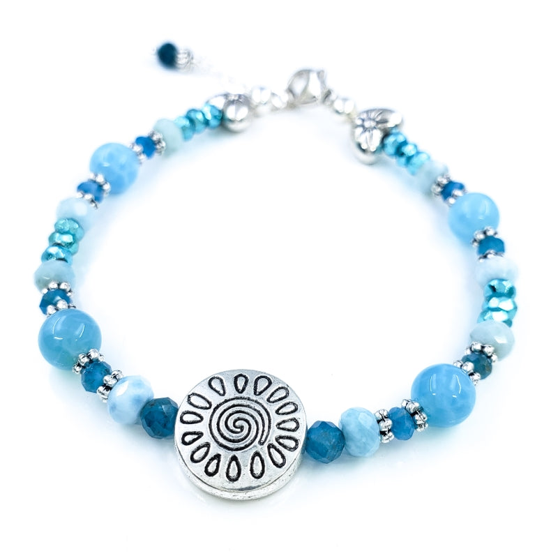 Larimar, Apatite, and Mystic Pyrite Bracelet with Sterling Silver Hearts